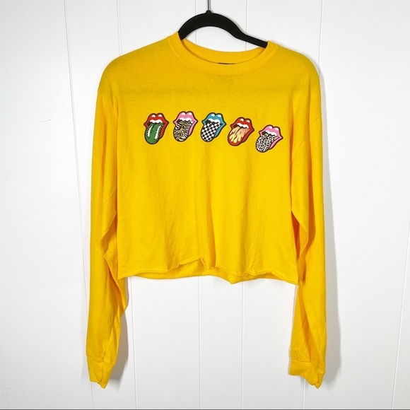 NWT Day The Rolling Stones Graphic Long Sleeve Yellow Cropped Tee Small - Picture 1 of 4
